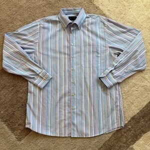 Scott Barber Men Large Button Down Shirt Blue Multi Color Vertical Stripe Cotton